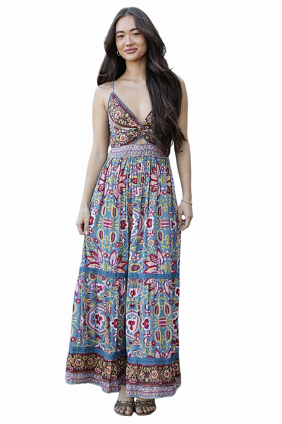 Angie Solstice Bloom multi-color maxi dress with deep V-neck, twist front cutout, and green lace trim F4F48-A928.