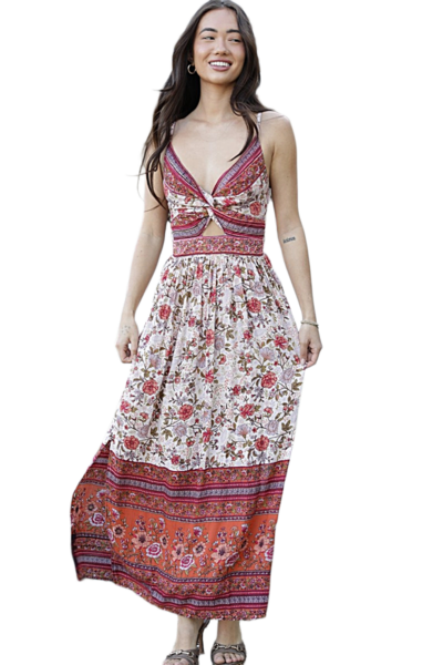 Angie Sorbet Sky floral maxi dress with twist front cutout and side slits F4B48-W936.