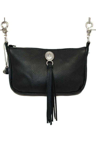 A large handmade black leather hip bag with extra-long fringe and heavy-duty silver clips for bikers and bohemians.