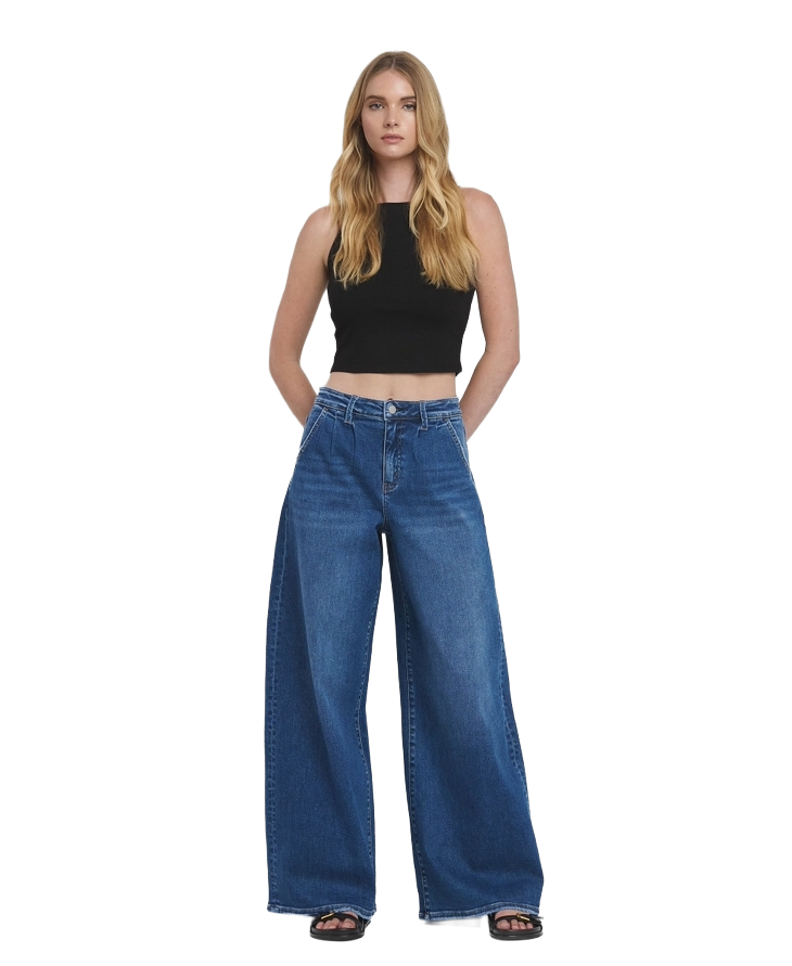 High‑rise indigo pleated wide‑leg jeans by Flying Monkey.