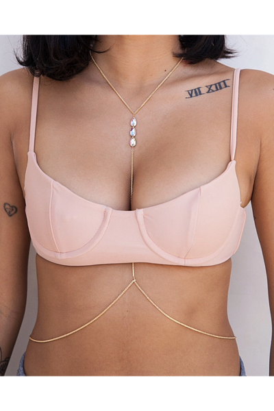 18K gold‑plated lariat body chain with iridescent Aurora stones and minimalist drape.