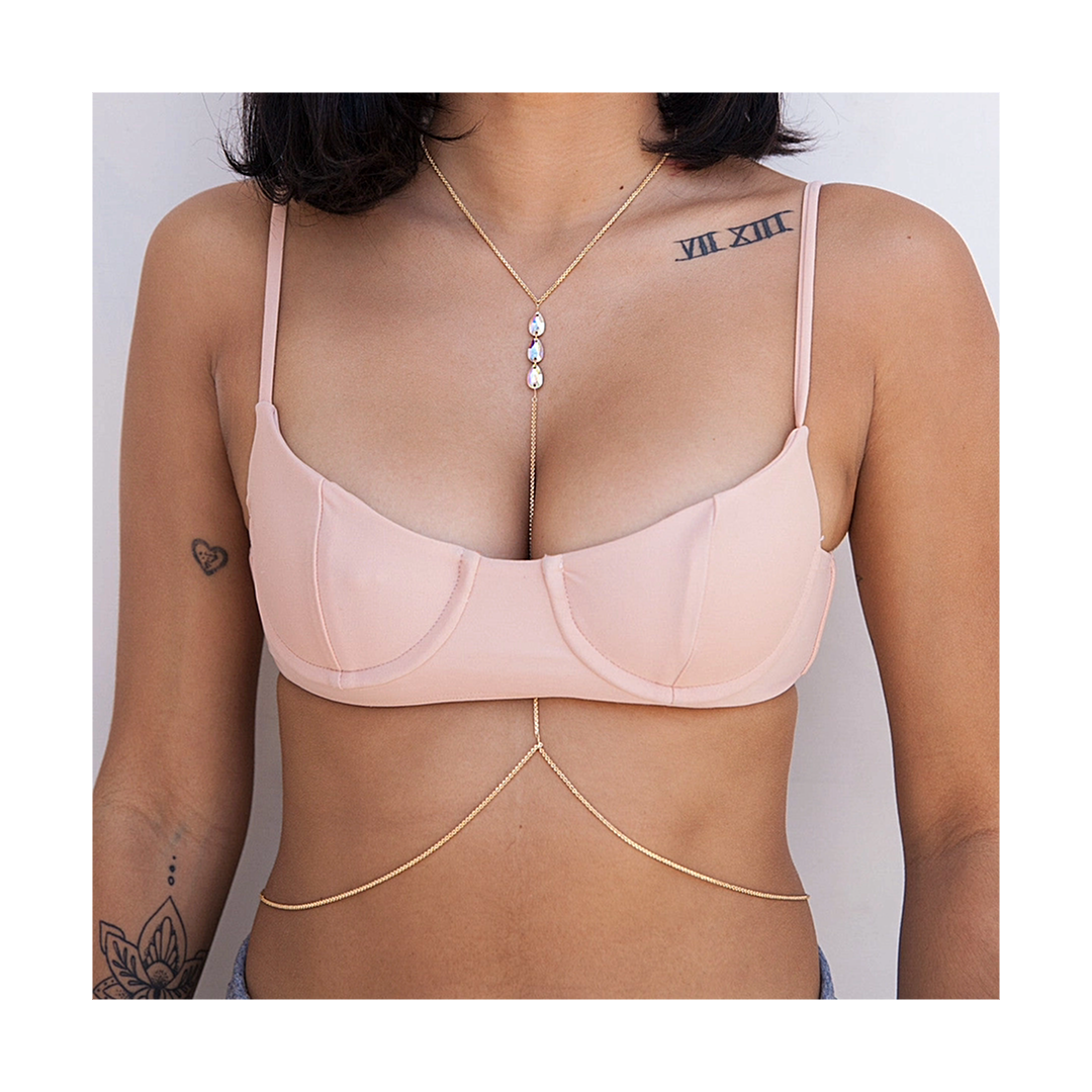 18K gold‑plated lariat body chain with iridescent Aurora stones and minimalist drape.