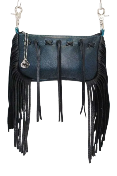 Custom hip bag with woven leather panel, customizable body leather, and customizable fringe options.