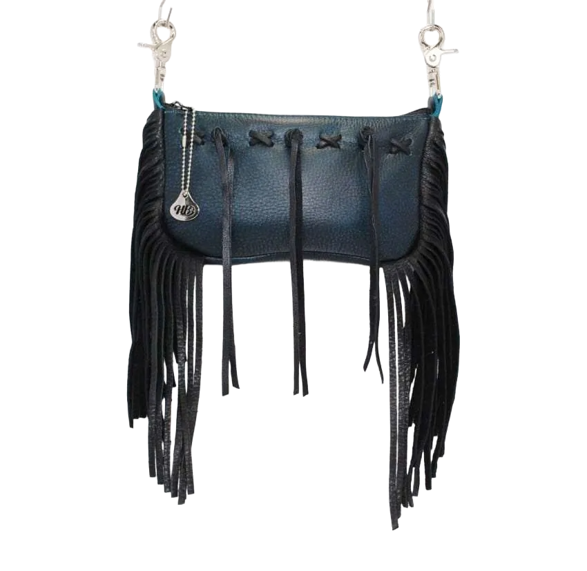 Custom hip bag with woven leather panel, customizable body leather, and customizable fringe options.