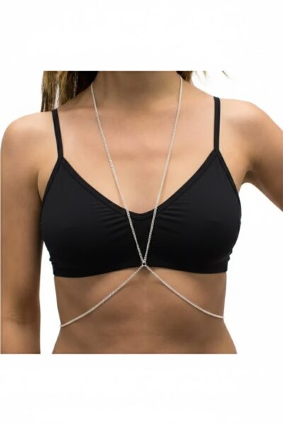 Sterling‑silver plated lariat body chain with minimalist “X” drape across the torso.
