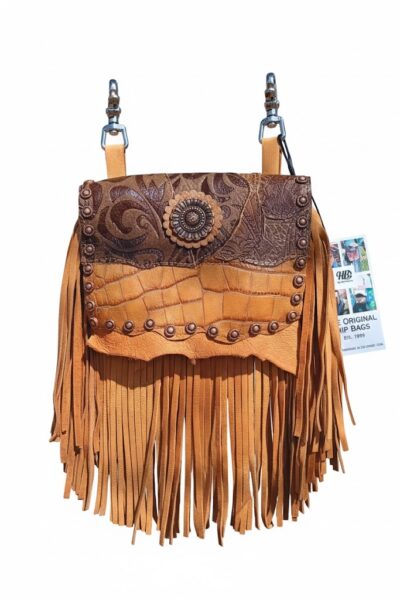 Desert Arabesque Fringed Hip Bag | Embossed Leather & Copper Accents