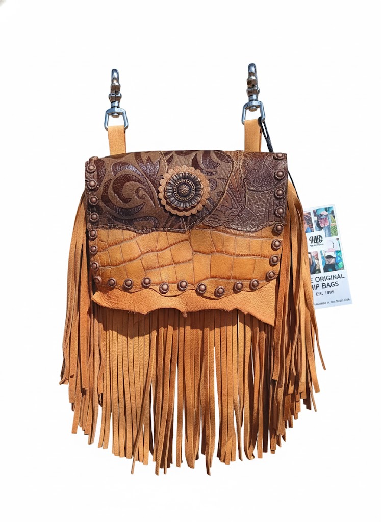 Desert Arabesque Fringed Hip Bag | Embossed Leather & Copper Accents