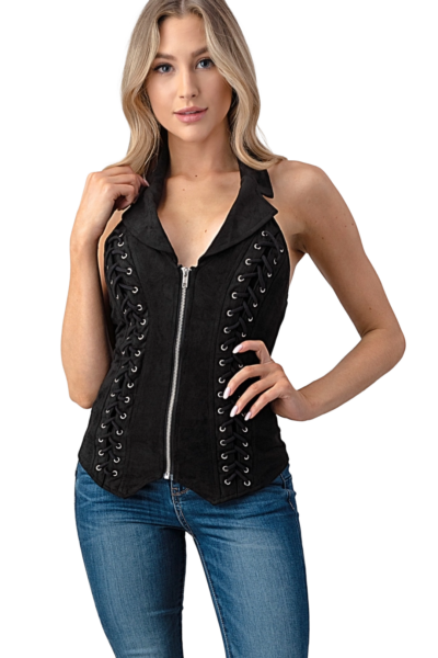 Black faux suede halter vest with lace‑up sides and front zipper