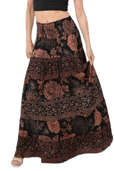 Black and brown floral tiered maxi skirt with a flowing rayon drape.