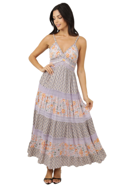 Lavender, pink, and orange floral tiered maxi dress with lace trim and adjustable straps.