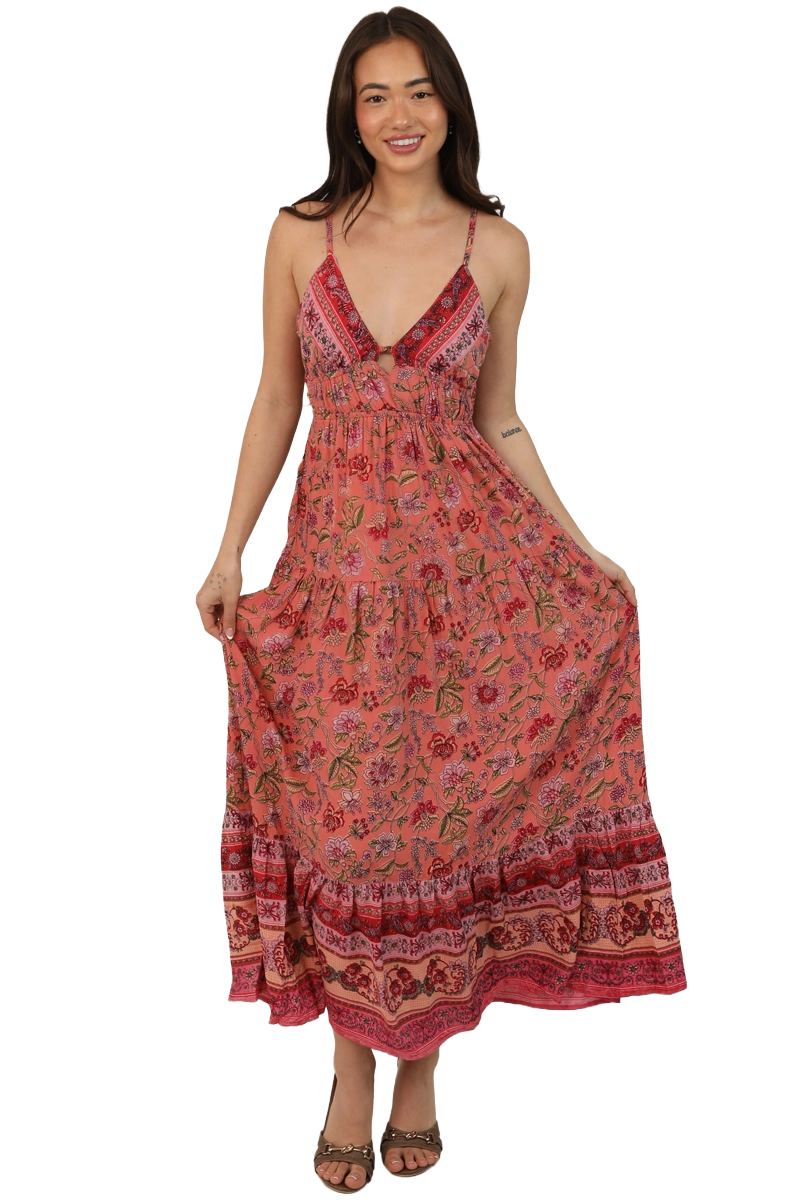 Angie Coral V-Neck Open Tie-Back Maxi Dress | 100% Rayon | Wildflower Mirage - Image 2