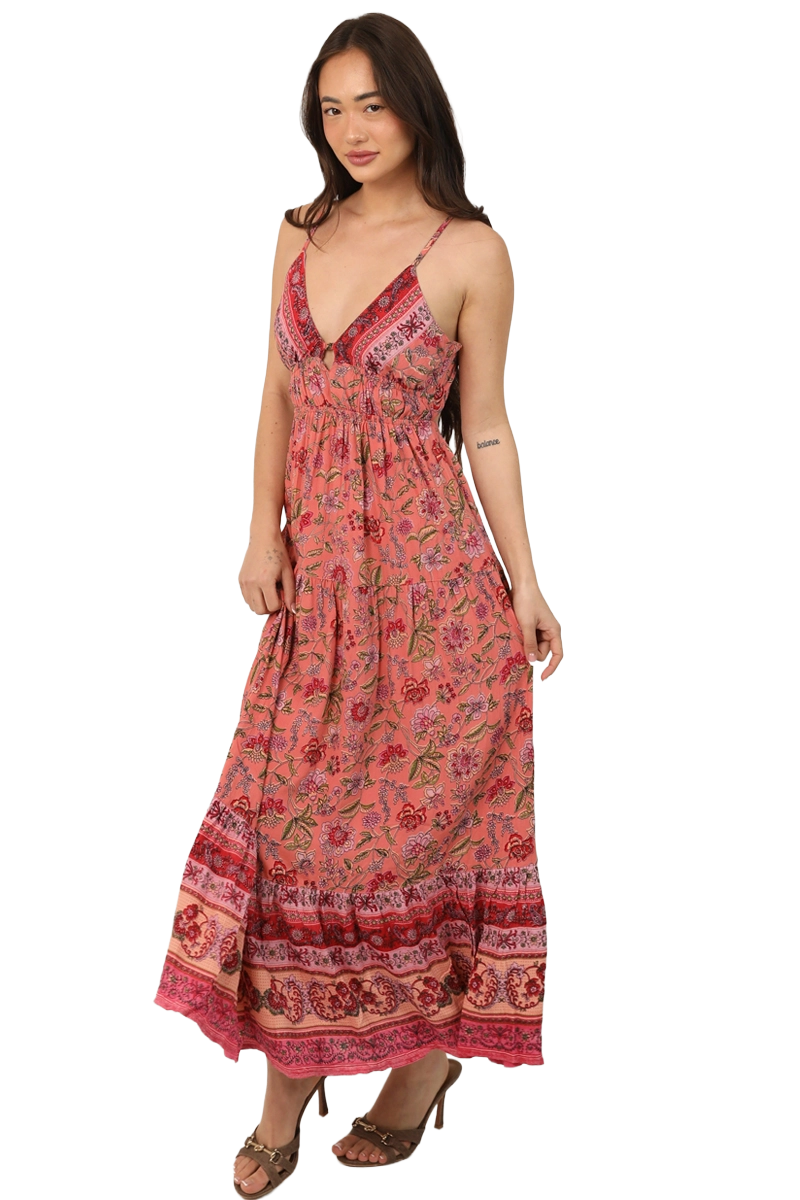 Angie Coral V-Neck Open Tie-Back Maxi Dress | 100% Rayon | Wildflower Mirage - Image 4