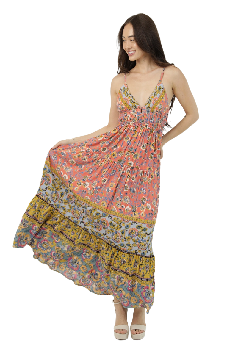 Angie Coral V-Neck Open Tie-Back Maxi Dress | 100% Rayon | Sunset Caravan Patchwork - Image 3