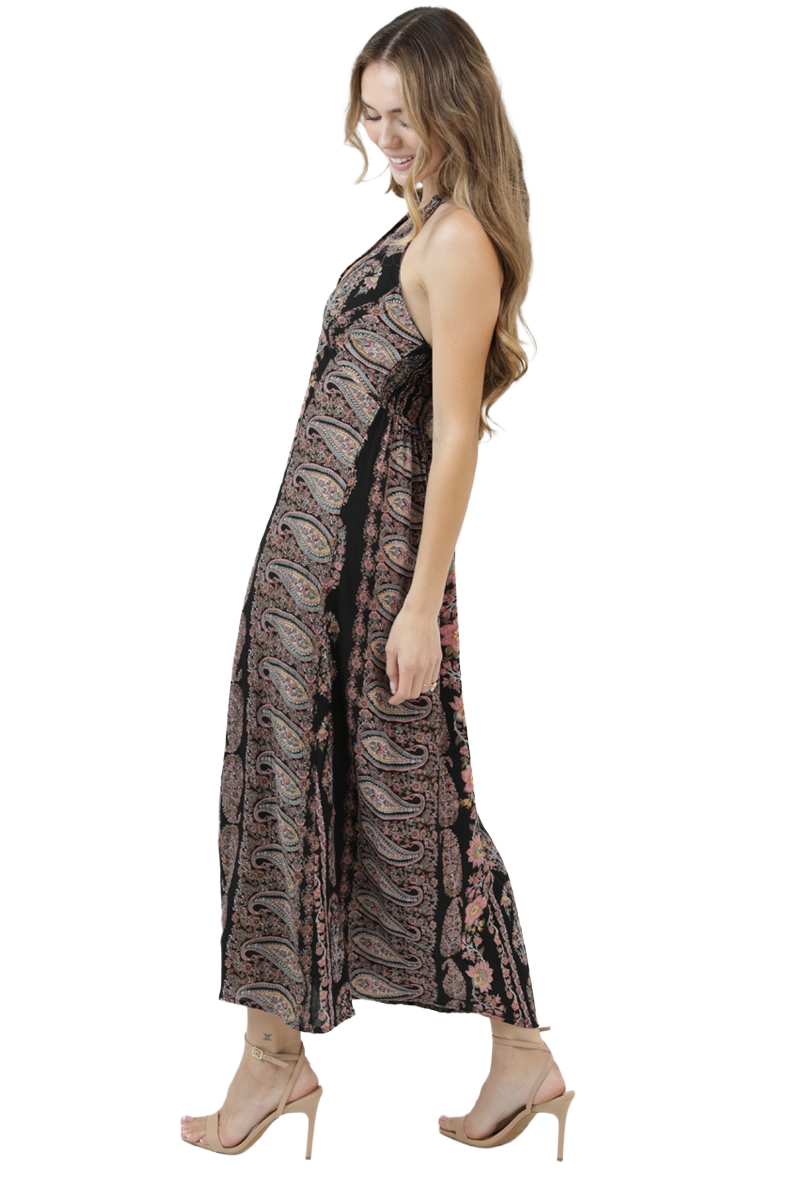 Angie Black Printed Halter Neck Maxi Dress | 100% Rayon | Paisley Wanderer - Image 3