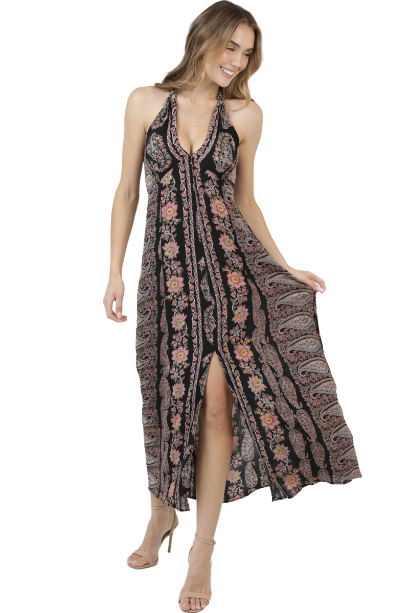 Printed Halter Neck Maxi Dress with Slit | Paisley Boho Rayon