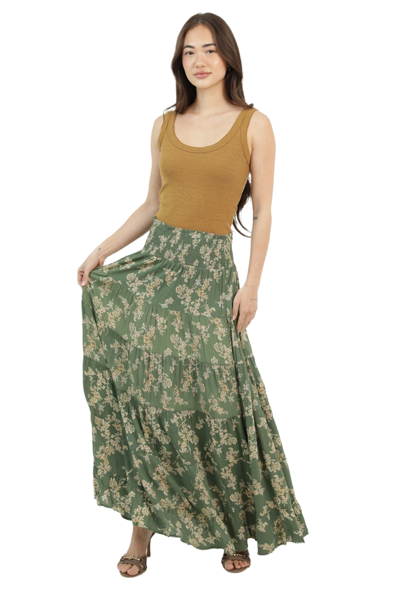 Angie Printed Tiered Maxi Skirt |100% Rayon | Olive Grove Wanderer - Image 3
