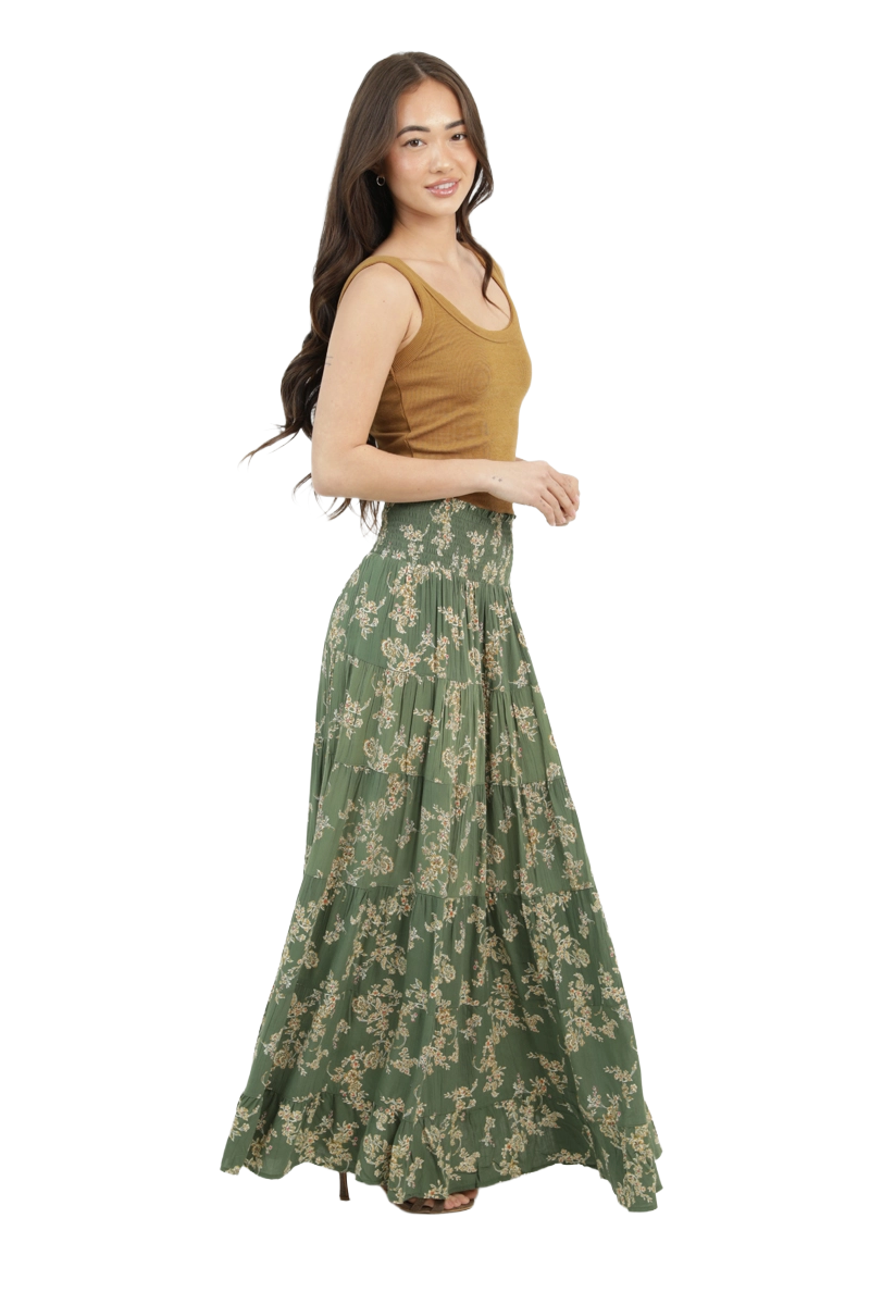 Angie Printed Tiered Maxi Skirt |100% Rayon | Olive Grove Wanderer - Image 2