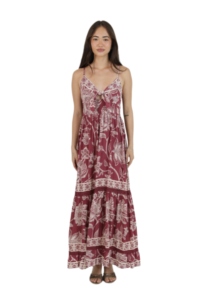 Angie Wine Blossom Tiered Maxi | 100% Rayon | Boho Garden Muse