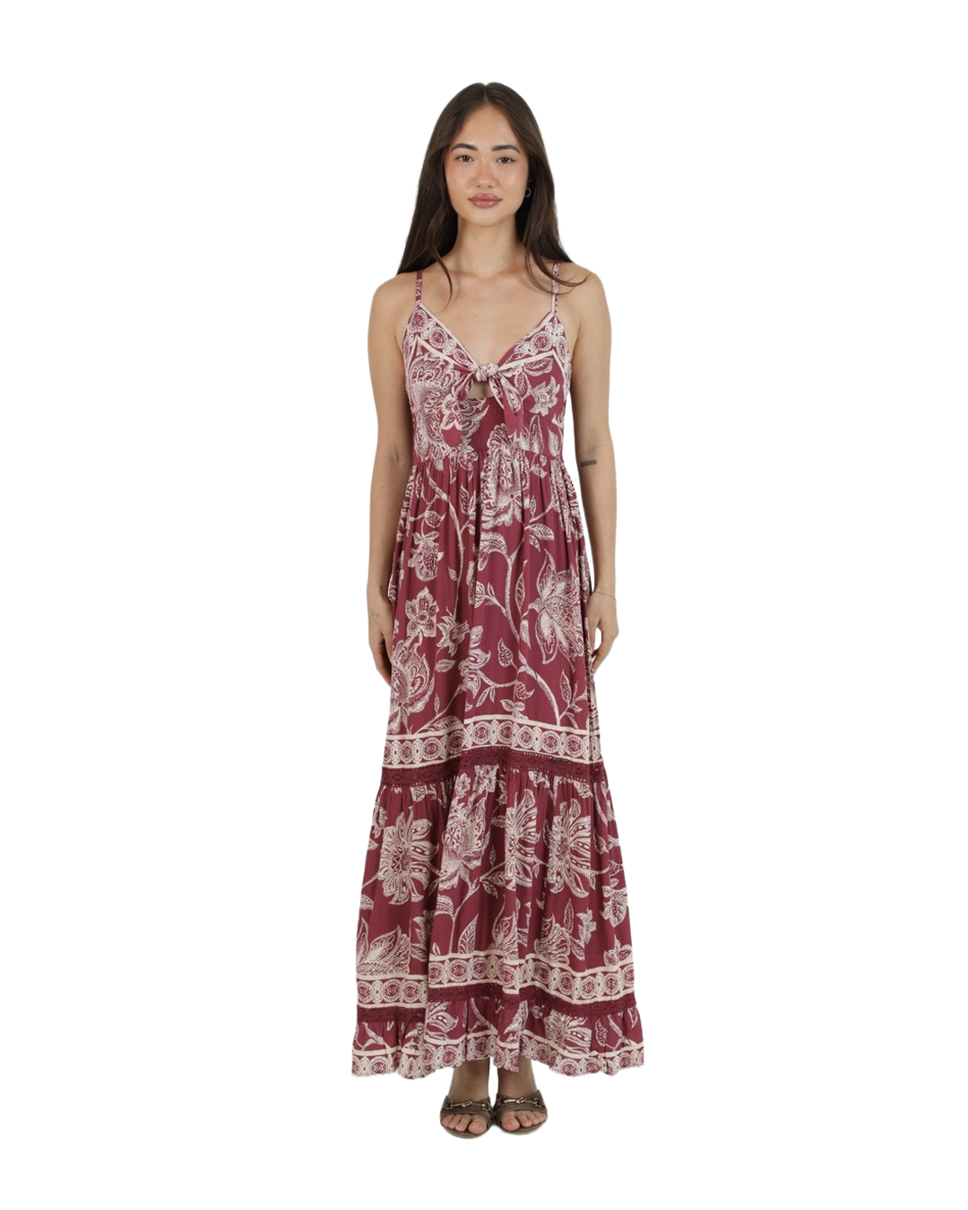 Angie Wine Blossom Tiered Maxi | 100% Rayon | Boho Garden Muse