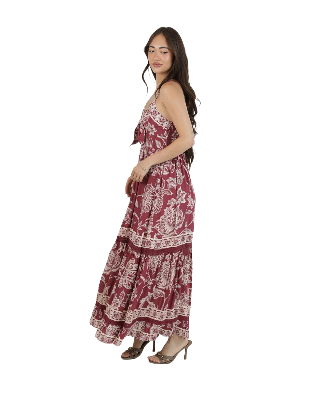 Angie Wine Blossom Tiered Maxi | 100% Rayon | Boho Garden Muse - Image 4