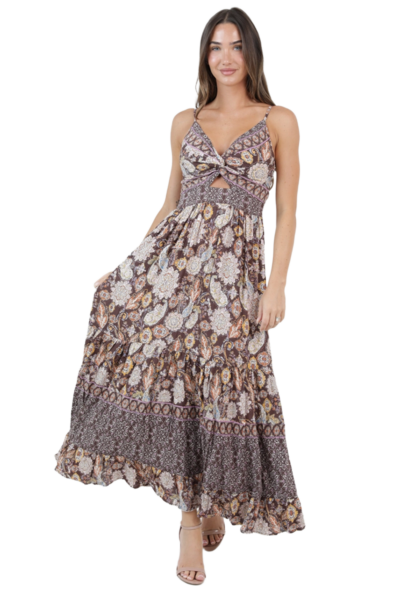 Angie Brown Twist Front Tiered Maxi | 100% Rayon | Chocolate Mirage